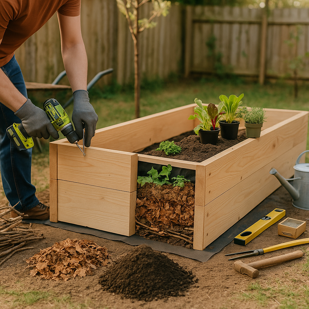 Foto eines halb aufgebauten Holz-Hochbeets im sonnigen Garten: Handschuhe verschrauben Bretter mit Akkuschrauber; offene